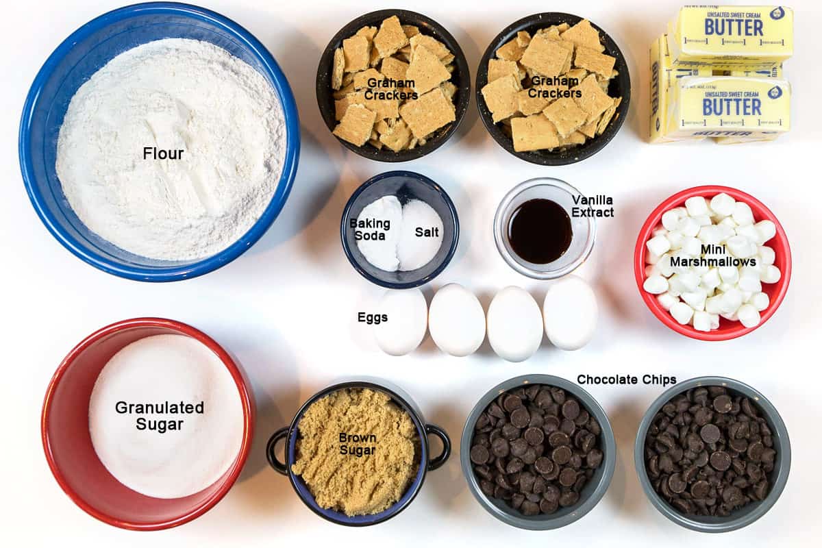 Ingredients for chocolate chip s'mores cookies recipe.